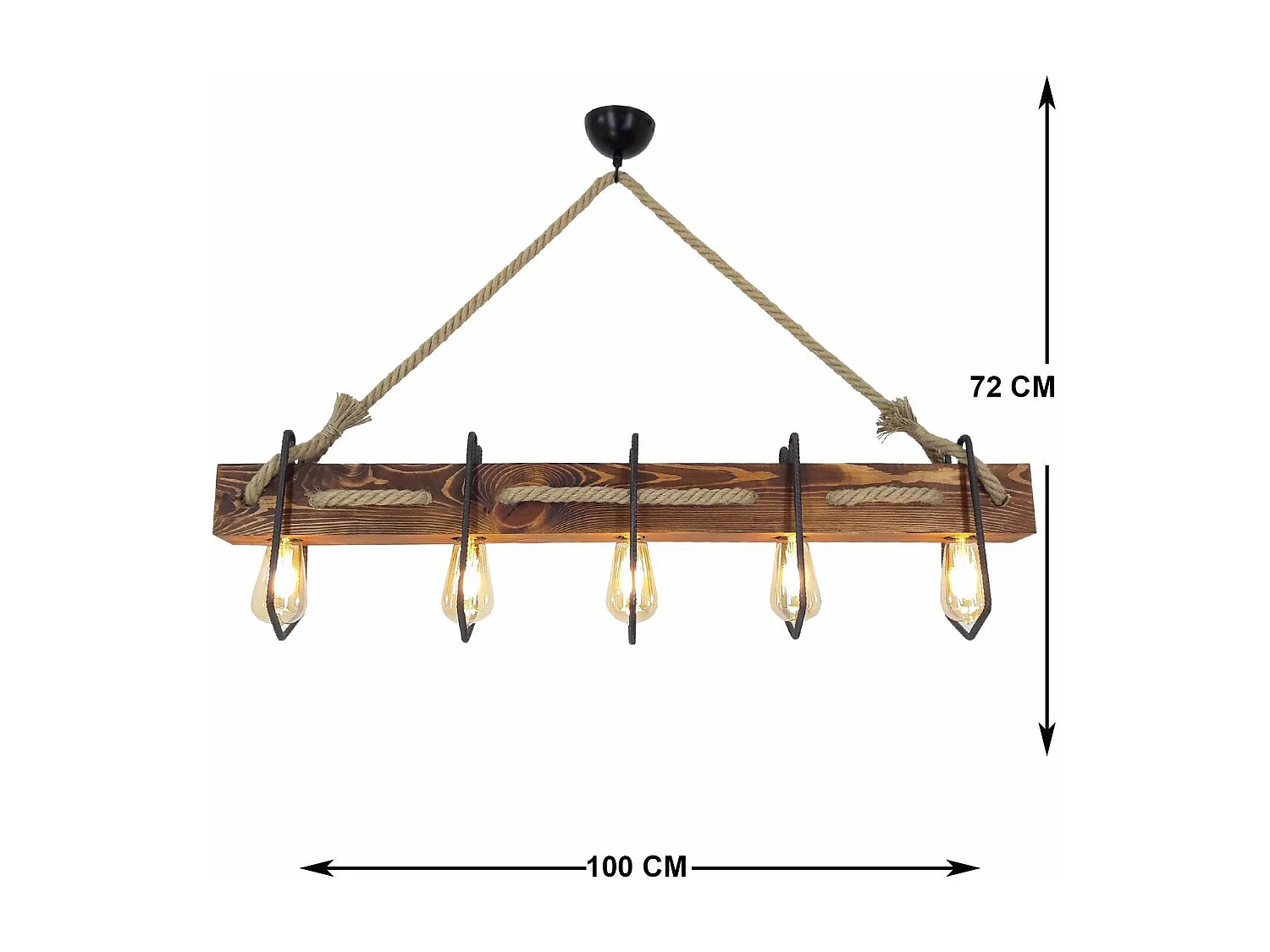 Suspension 5 lampes alignées Tyran L100cm Métal Noir, Pin massif Naturel et Corde Beige