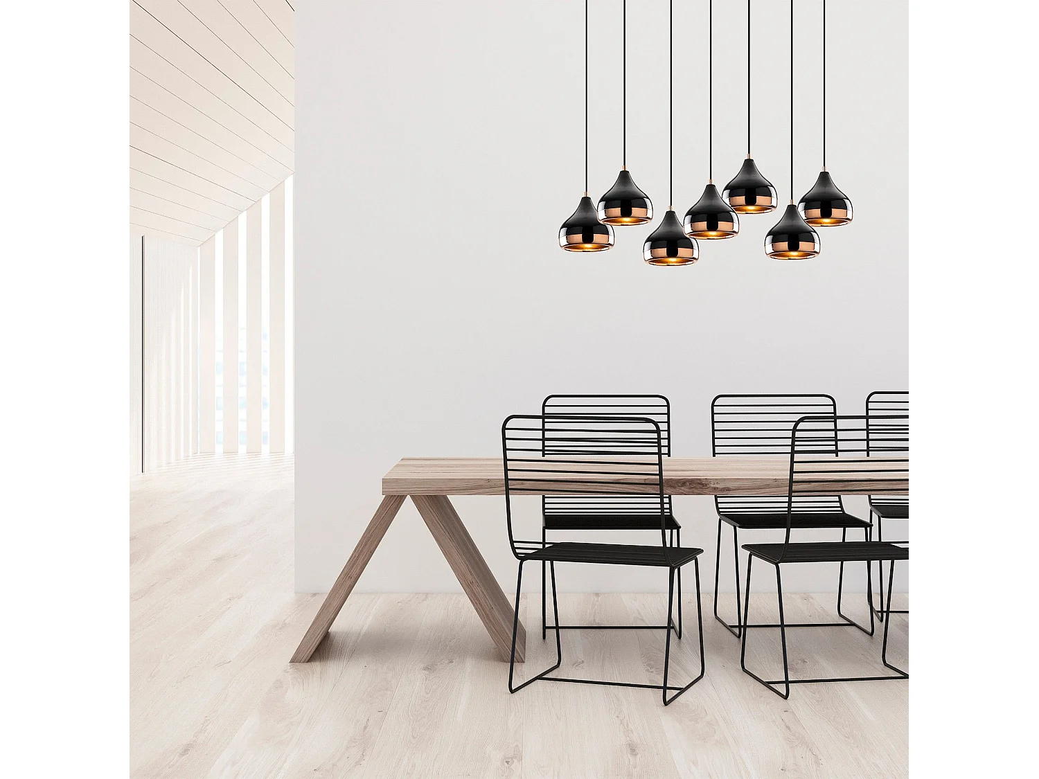 Suspension 7 lampes alignées Lectio 88cm Métal Noir et Or rose