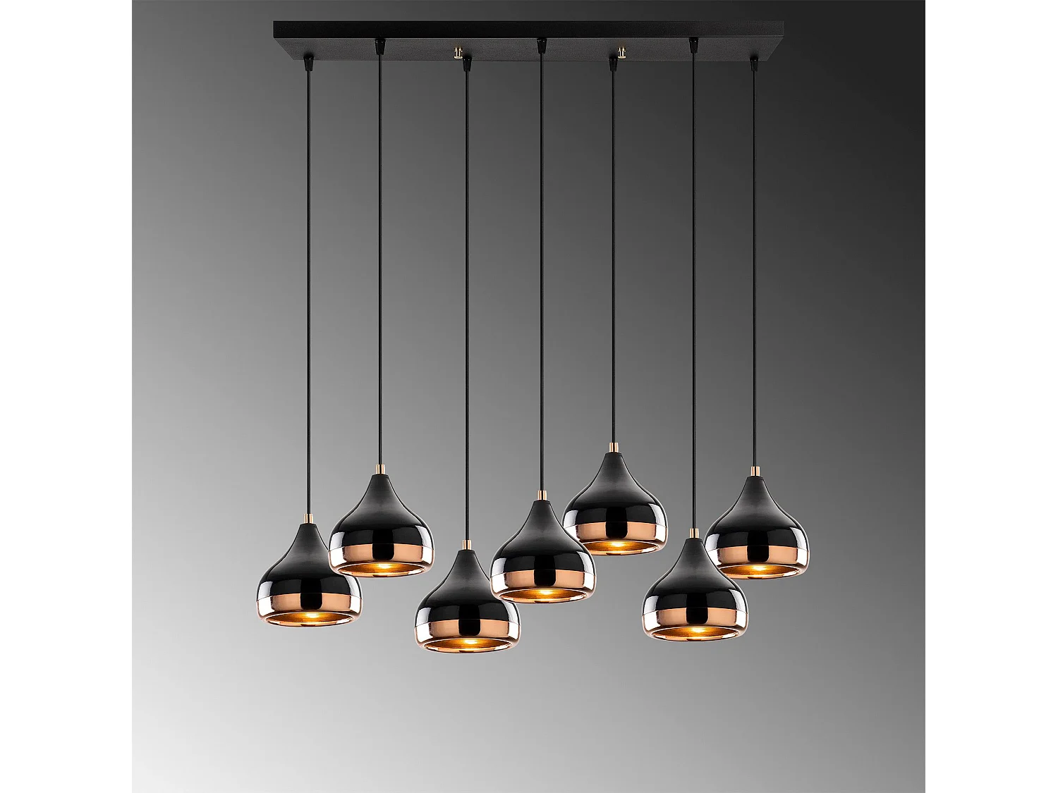 Suspension 7 lampes alignées Lectio 88cm Métal Noir et Or rose