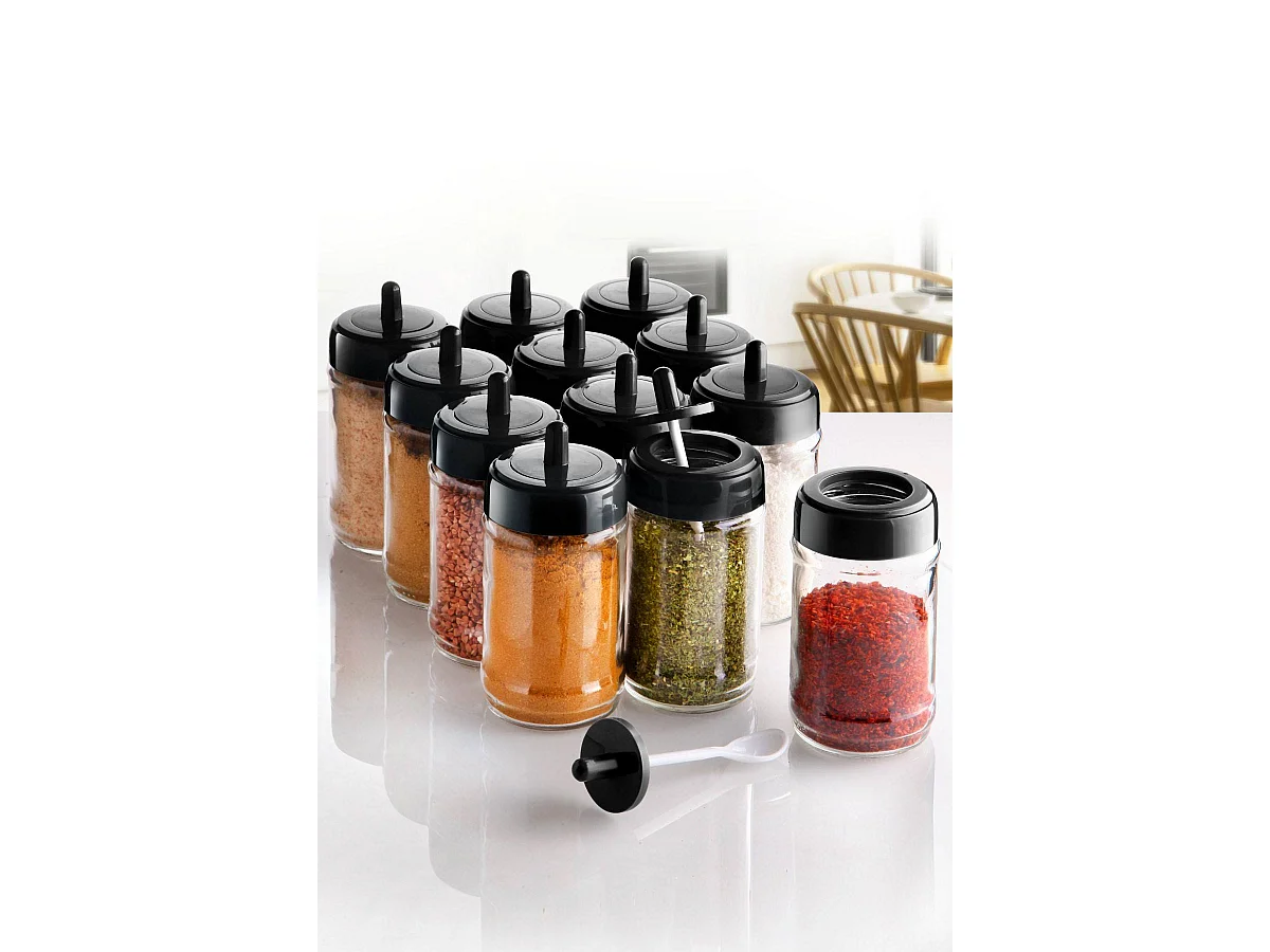 Lot de 12 pots d'épices couvercle avec cuillère Lionash H13cm Verre Transparent