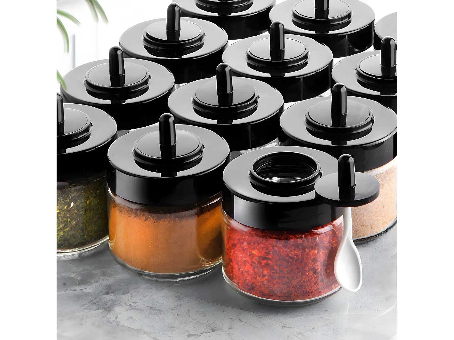 Lot de 12 pots d'épices couvercle avec cuillère Lionash H8cm Verre Transparent