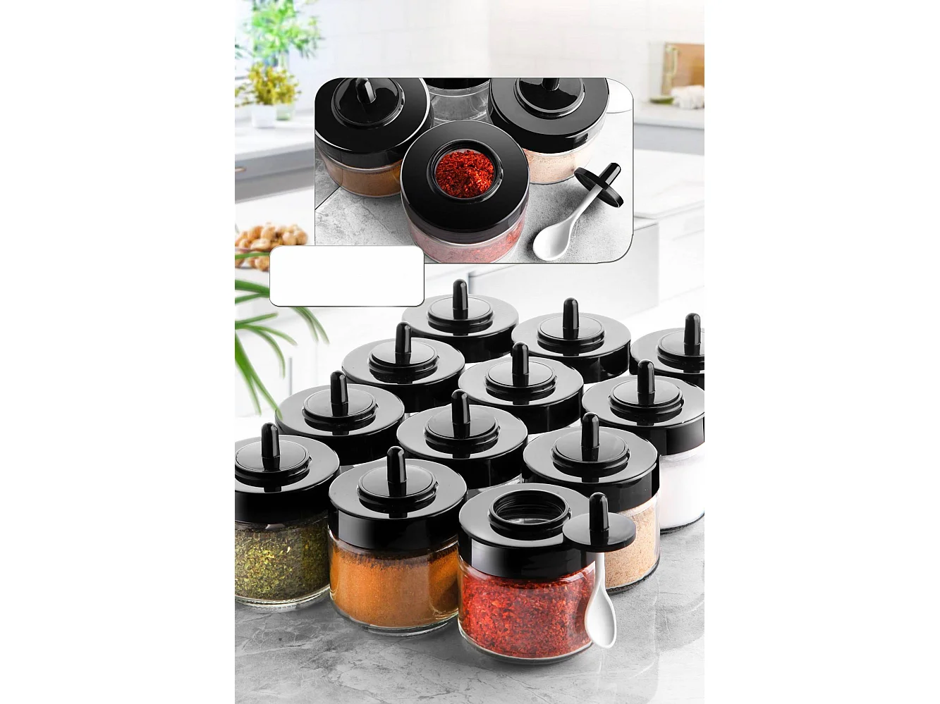 Lot de 12 pots d'épices couvercle avec cuillère Lionash H8cm Verre Transparent