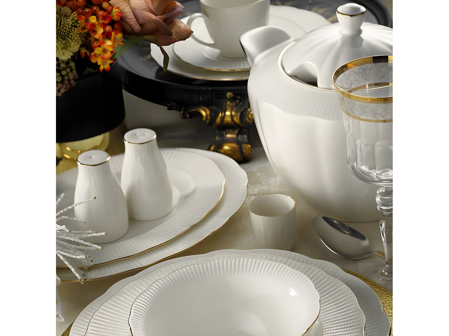 Service de table complet 83 pièces Avout 100% Porcelaine Blanc liseré Or