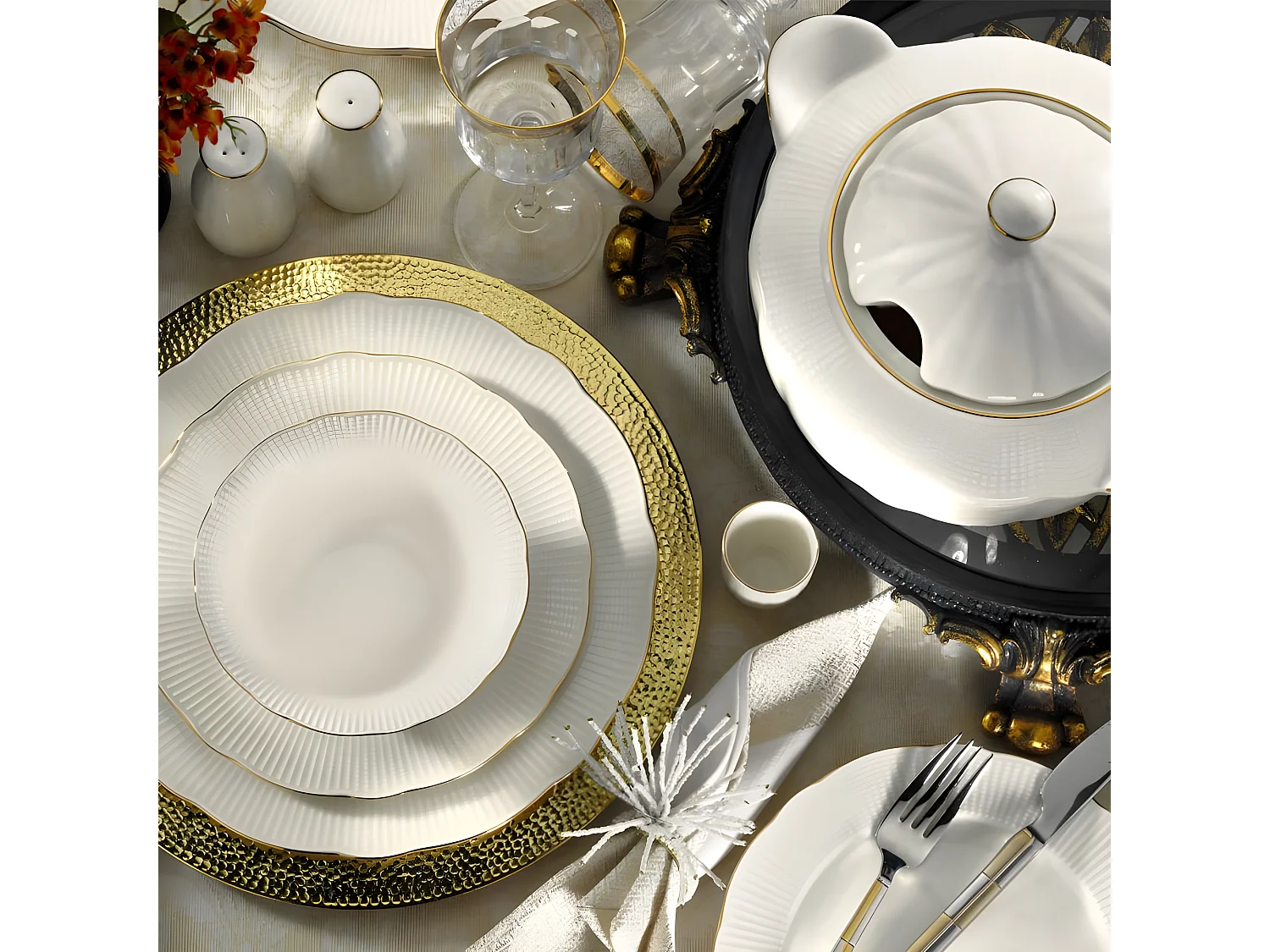 Service de table complet 83 pièces Avout 100% Porcelaine Blanc liseré Or