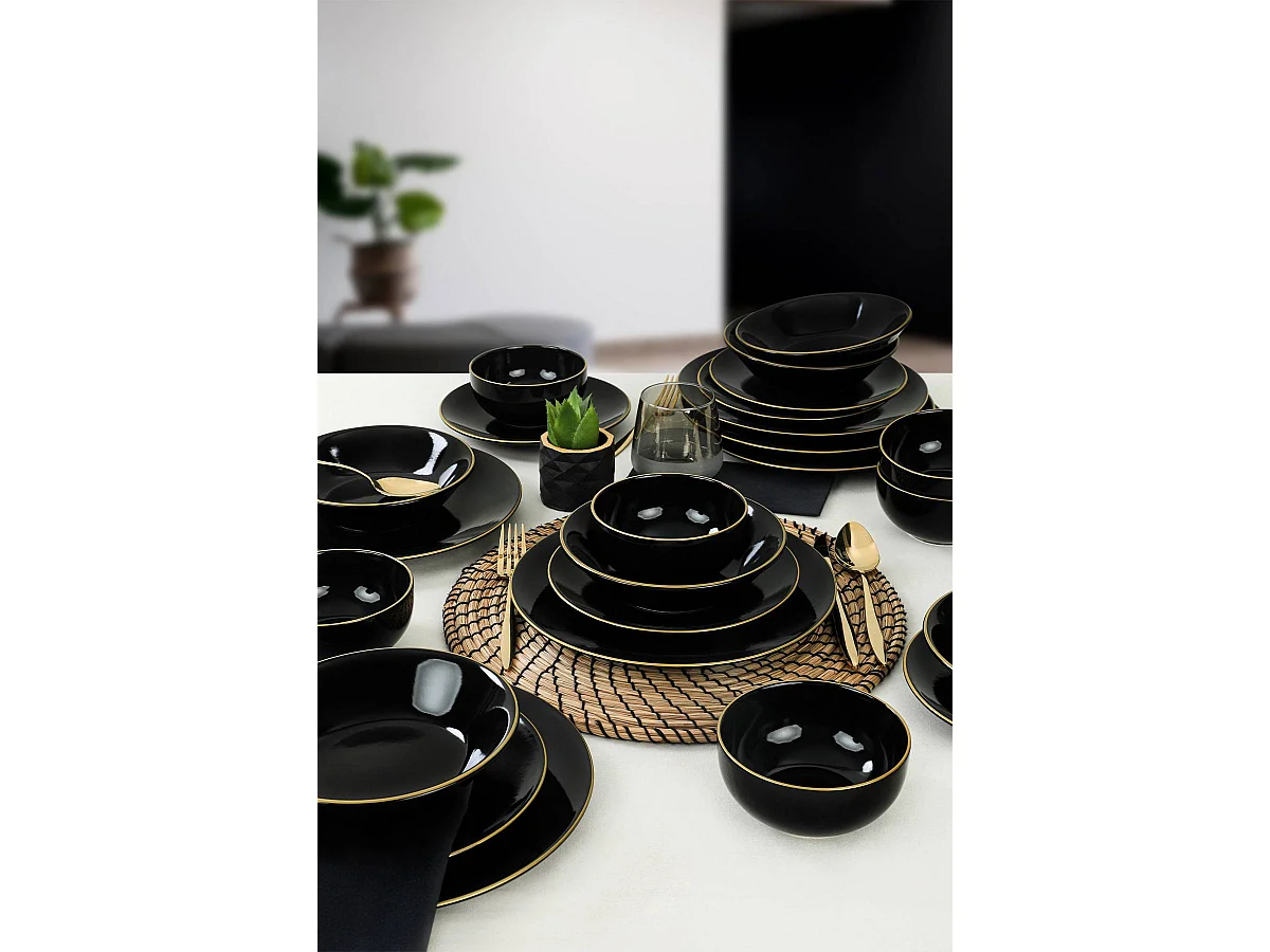 Service de table 24 pièces Erve Céramique Noir et lisère Or