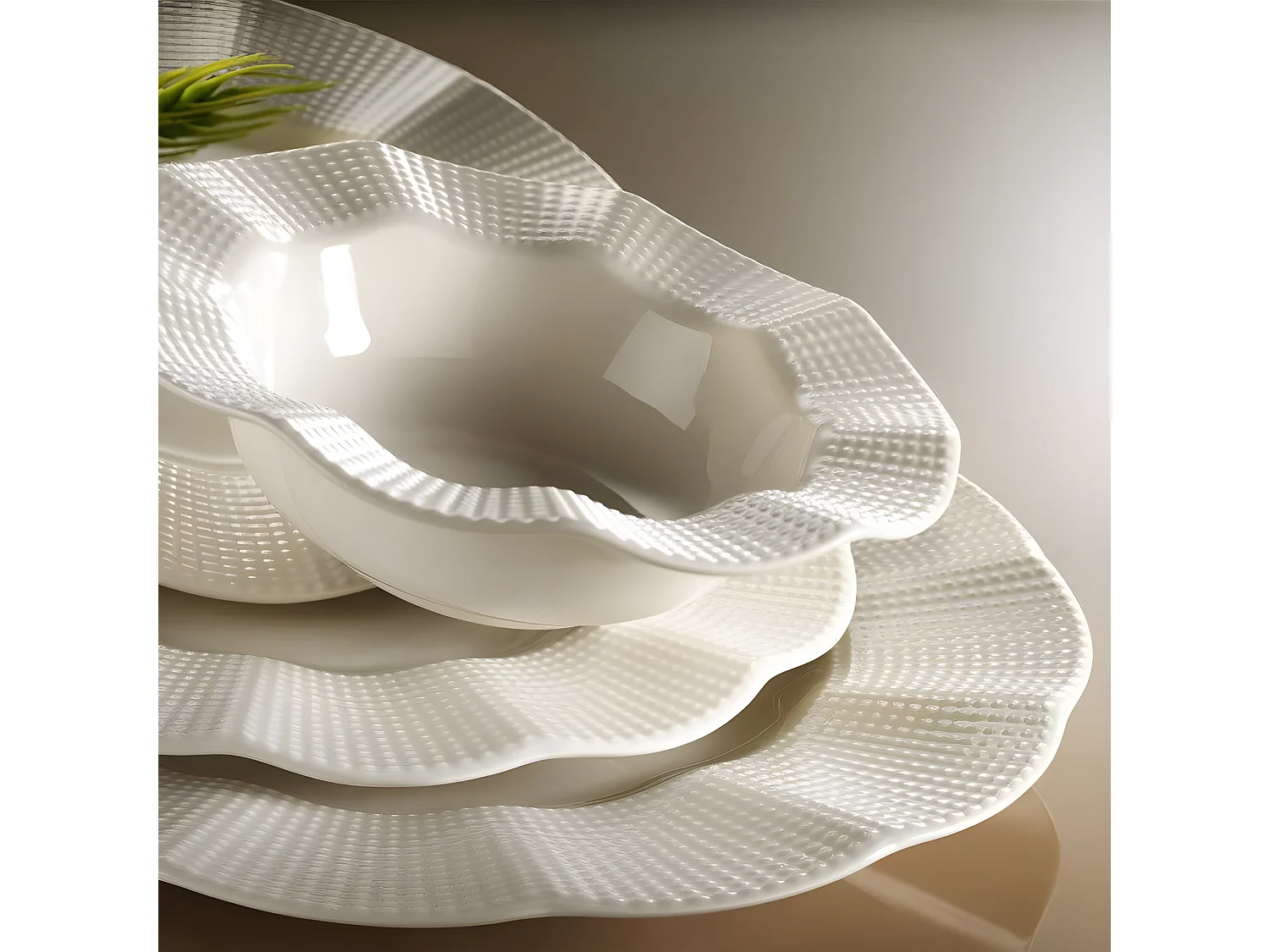 Service de table 24 pièces Campari Porcelaine fond Blanc et bordure pliée avec écaille