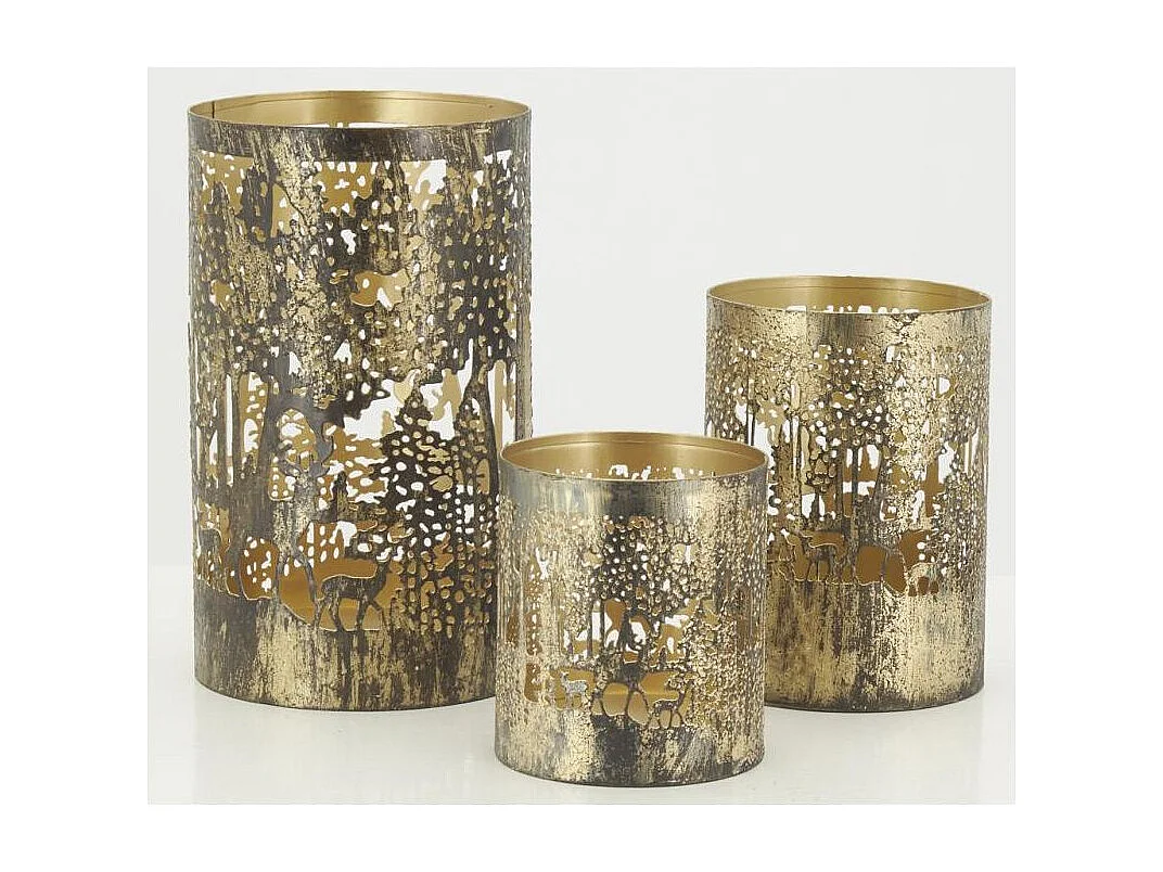 Photophores Cerf en métal doré antique (lot de 3)