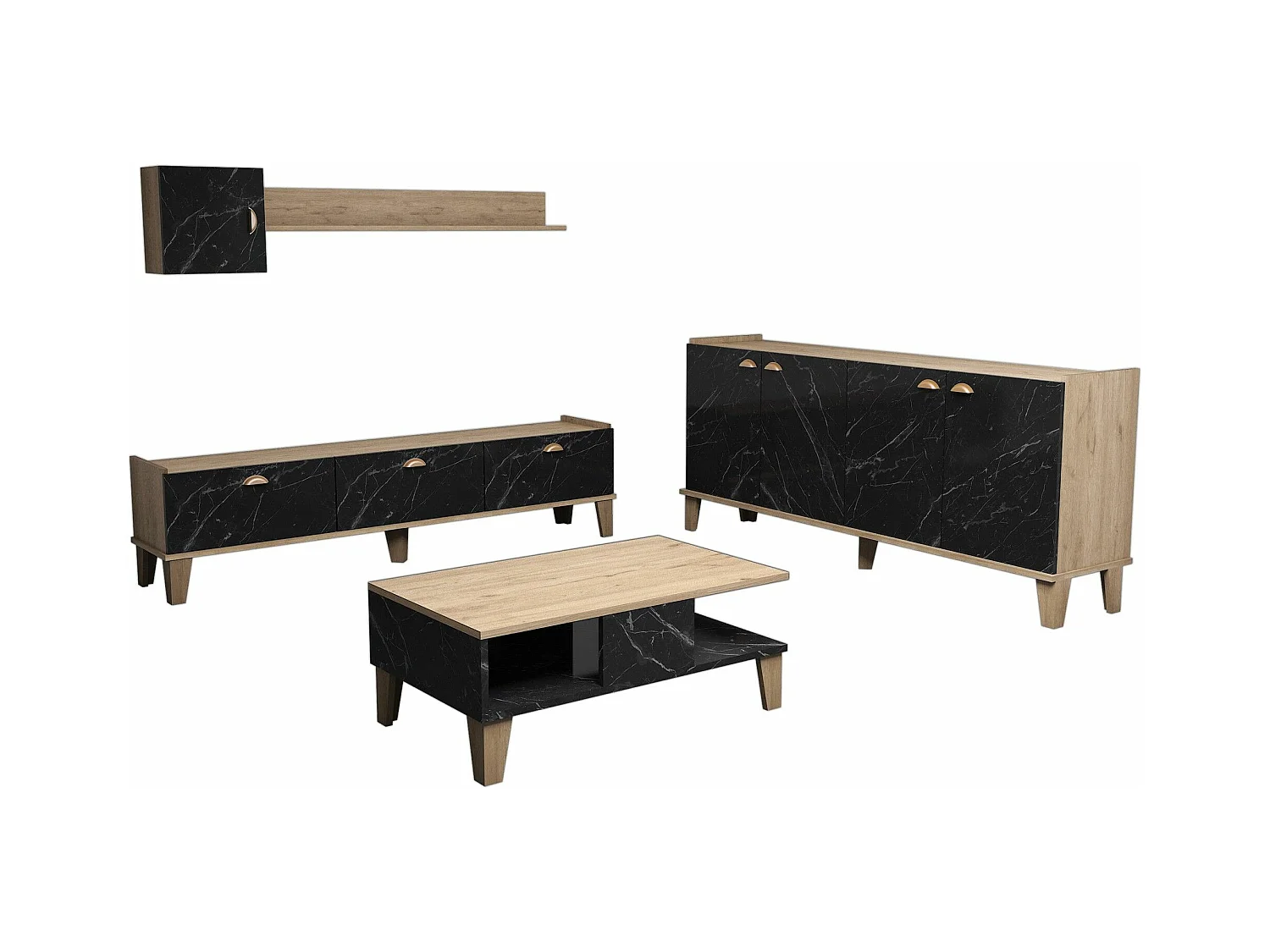 Conjunto de salón Kailua 724, Mármol negro|Roble, Partes separadas|Con mesa de TV