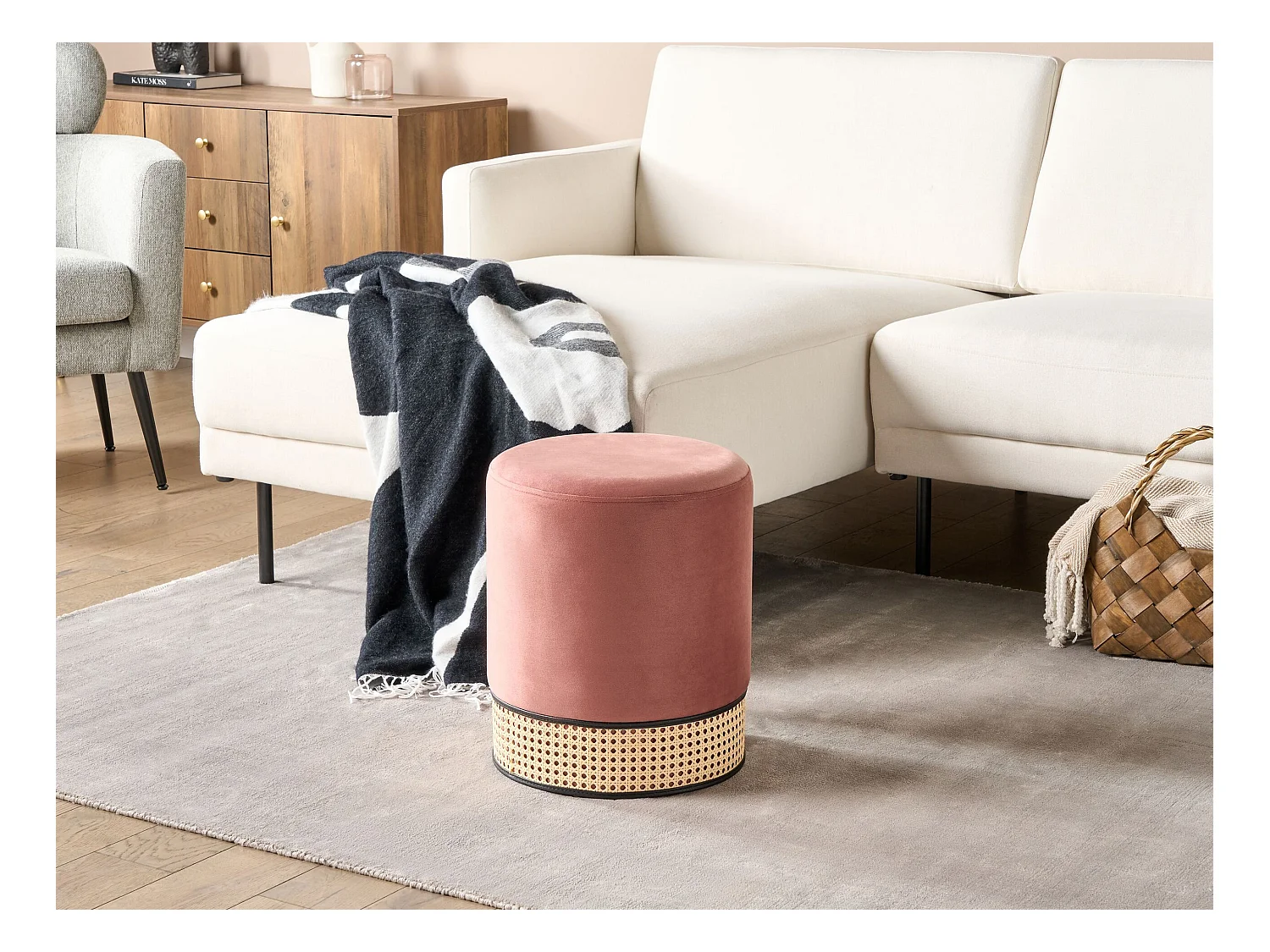 Pouf Hocker Samt rosa einfarbig rund ⌀ 35 cm mit Weiner-Geflecht modern Yankton