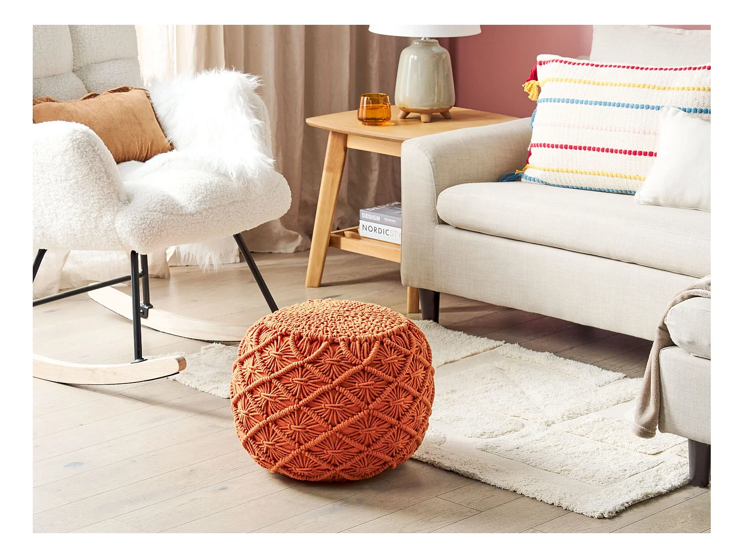 Pouf Makramee Baumwolle orange rund 40 x 40 cm gestrickt modern Berkane