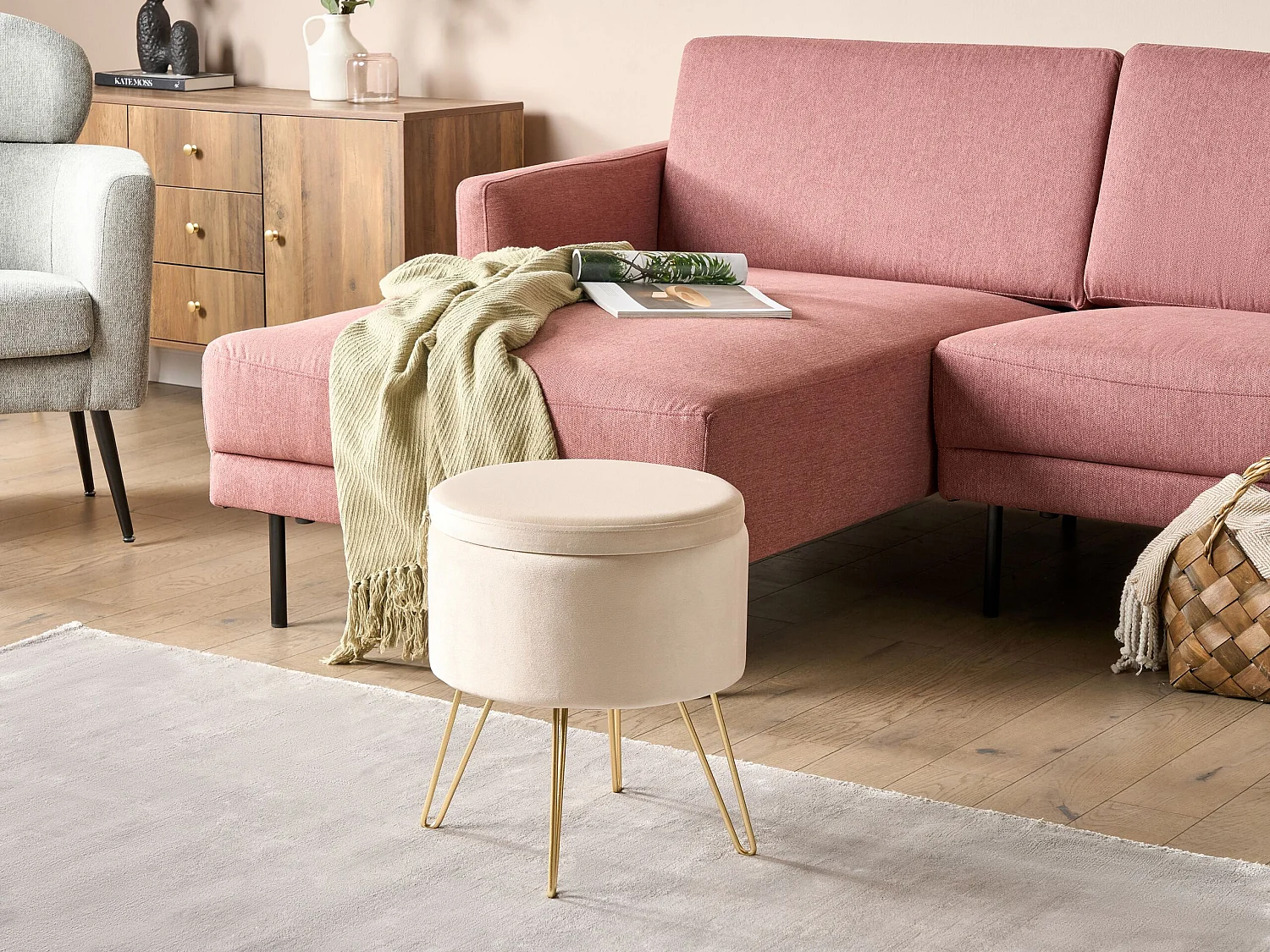 Pouf mit Stauraum SILAS Samtstoff Creme 42 cm 42 cm 44 cm