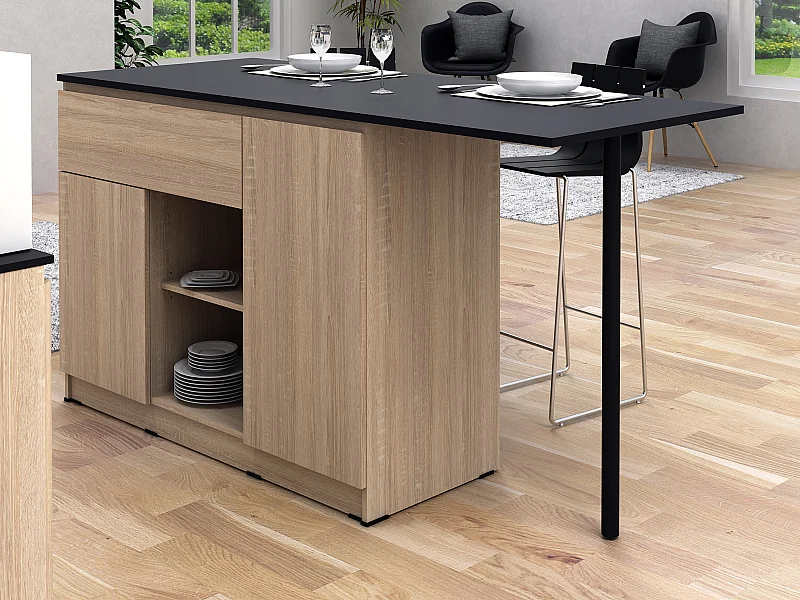Ilha central de cozinha com 2 portas, 1 gaveta e 2 nichos natural e preto - TUNORI