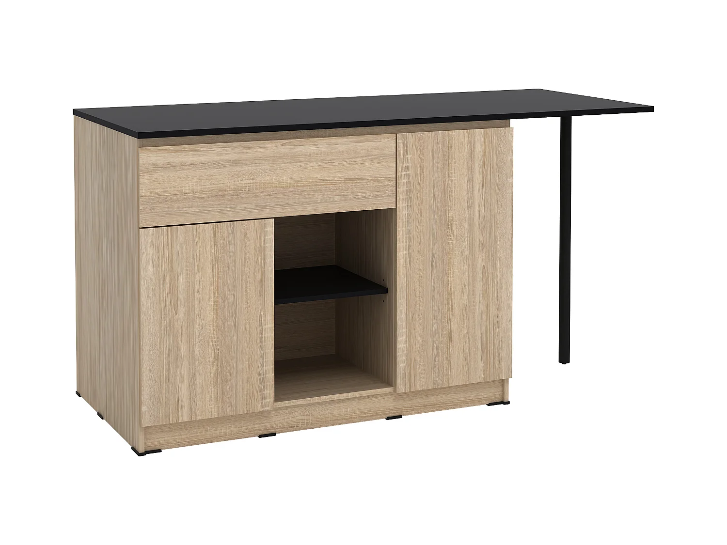 Isla central de cocina con 2 puertas, 1 cajón y 2 estantes - Natural y negro - TUNORI