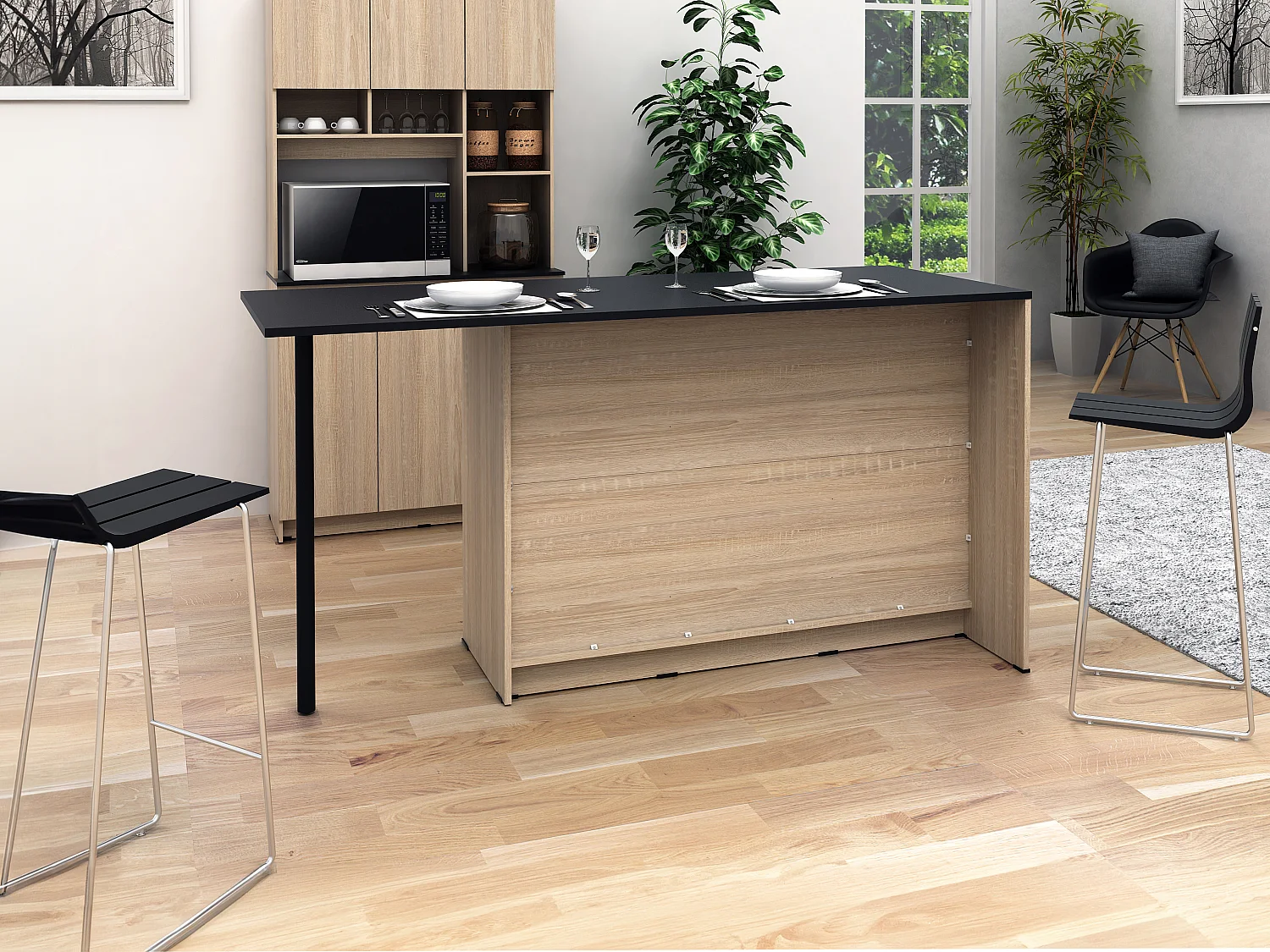 Isla central de cocina con 2 puertas, 1 cajón y 2 estantes - Natural y negro - TUNORI