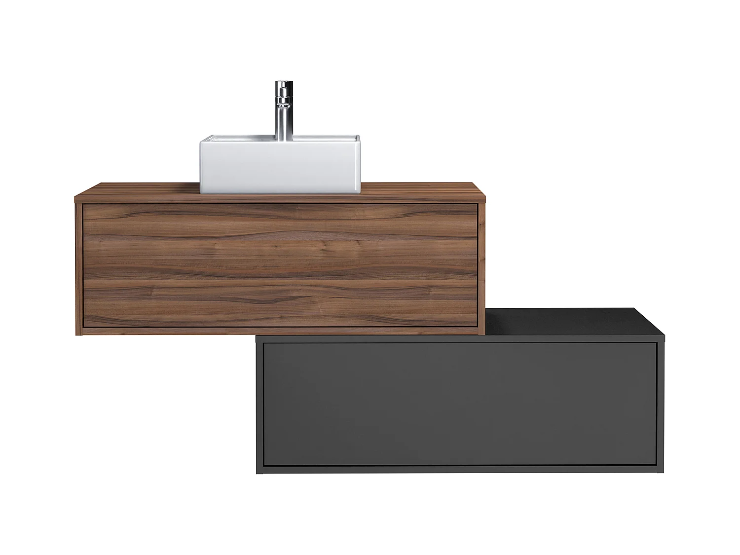 Meuble de salle de bain suspendu naturel foncé et anthracite avec simple vasque carrée et deux tiroirs - 94 cm - TEANA II