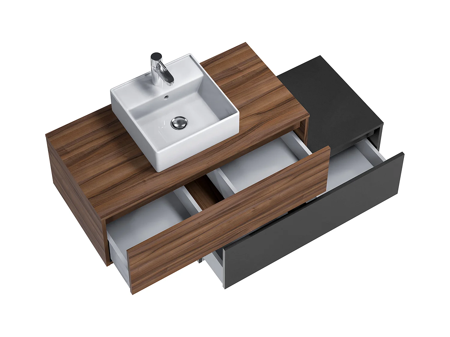 Meuble de salle de bain suspendu naturel foncé et anthracite avec simple vasque carrée et deux tiroirs - 94 cm - TEANA II