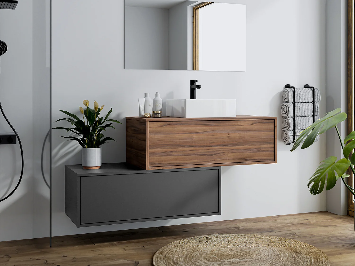Meuble de salle de bain suspendu naturel foncé et anthracite avec simple vasque carrée et deux tiroirs - 94 cm - TEANA II