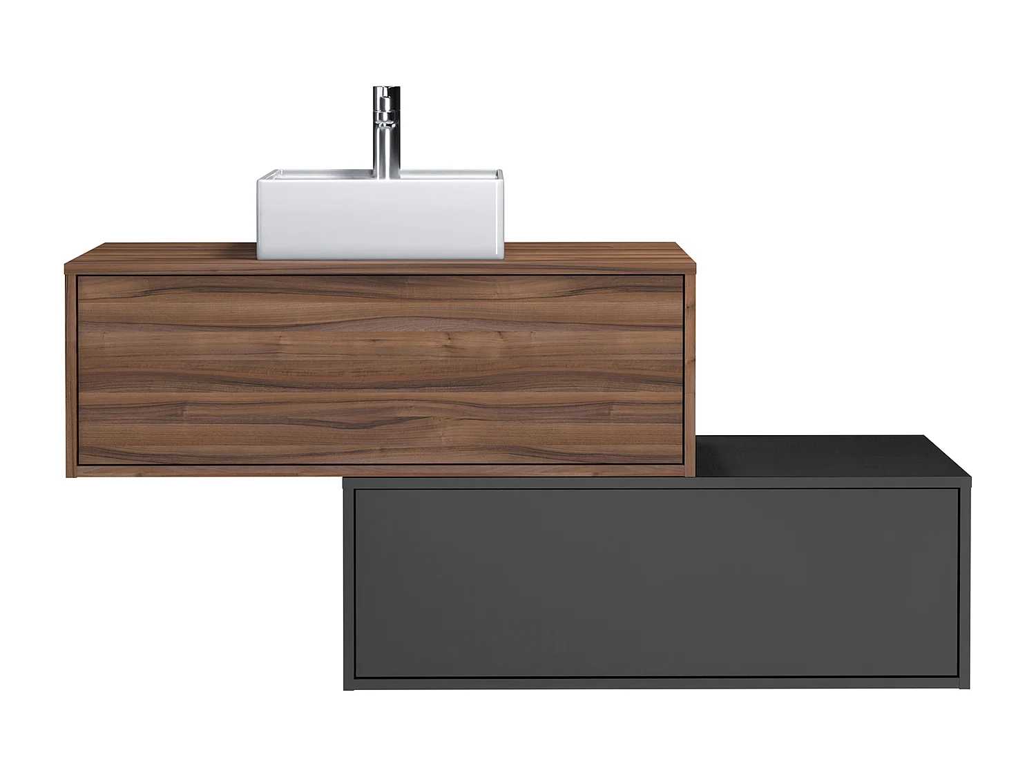 Meuble de salle de bain suspendu naturel foncé et anthracite avec simple vasque carrée et deux tiroirs - 94 cm - TEANA II