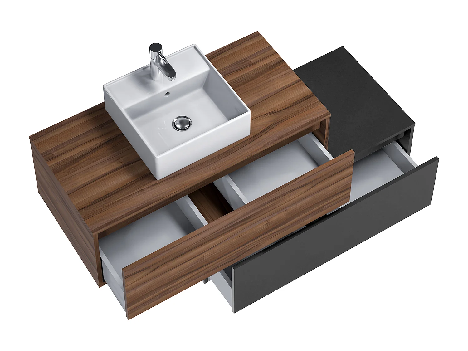 Meuble de salle de bain suspendu naturel foncé et anthracite avec simple vasque carrée et deux tiroirs - 94 cm - TEANA II