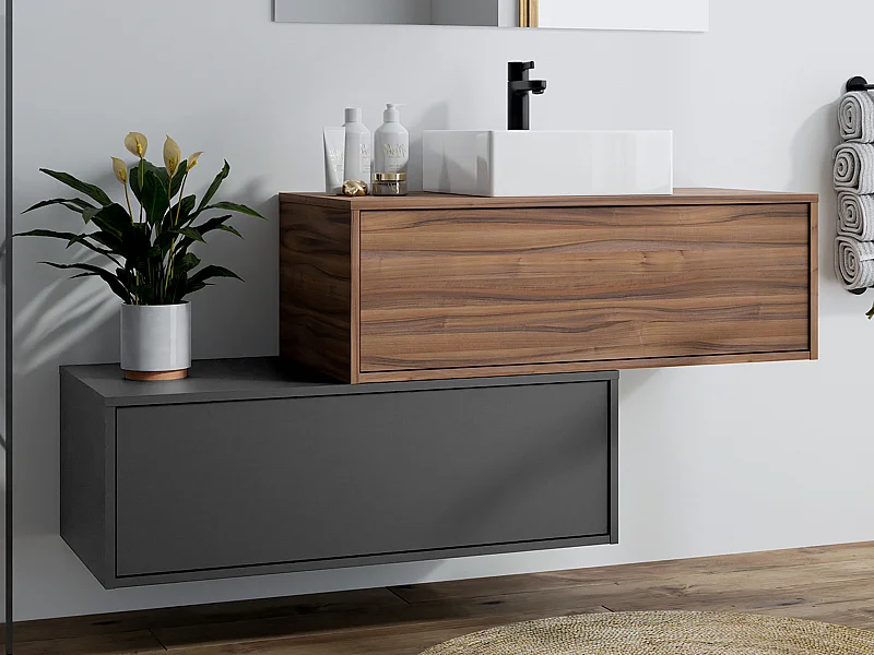 Meuble de salle de bain suspendu naturel foncé et anthracite avec simple vasque carrée et deux tiroirs - 94 cm - TEANA II