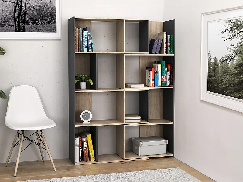 Biblioteca de canto modular, 8 a 12 nichos, cor natural e antracite - DARLENA