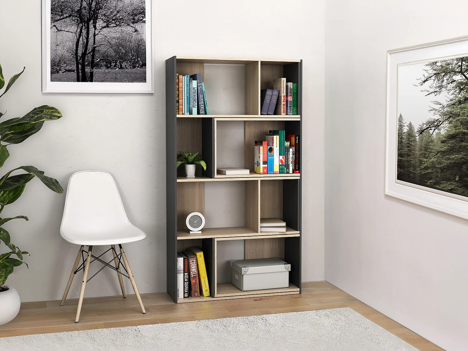 Moduleerbare hoekboekenkast - 8 tot 12 nissen - Naturel en antraciet - DARLENA