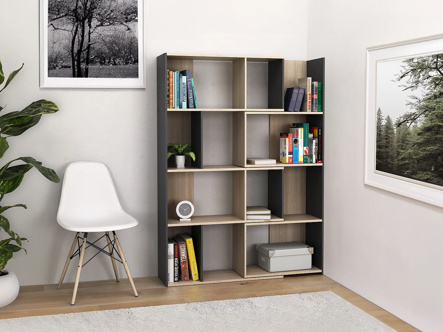 Moduleerbare hoekboekenkast - 8 tot 12 nissen - Naturel en antraciet - DARLENA