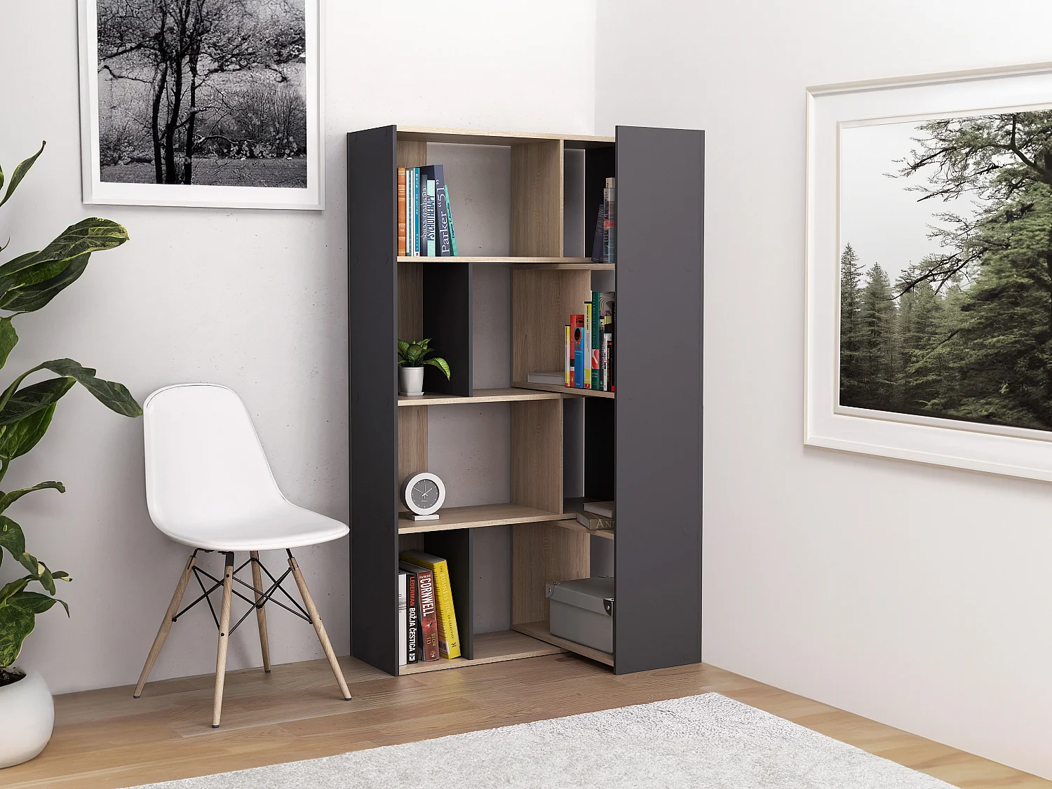 Estantería de esquina modular - 8 a 12 estantes - Natural y antracita - DARLENA