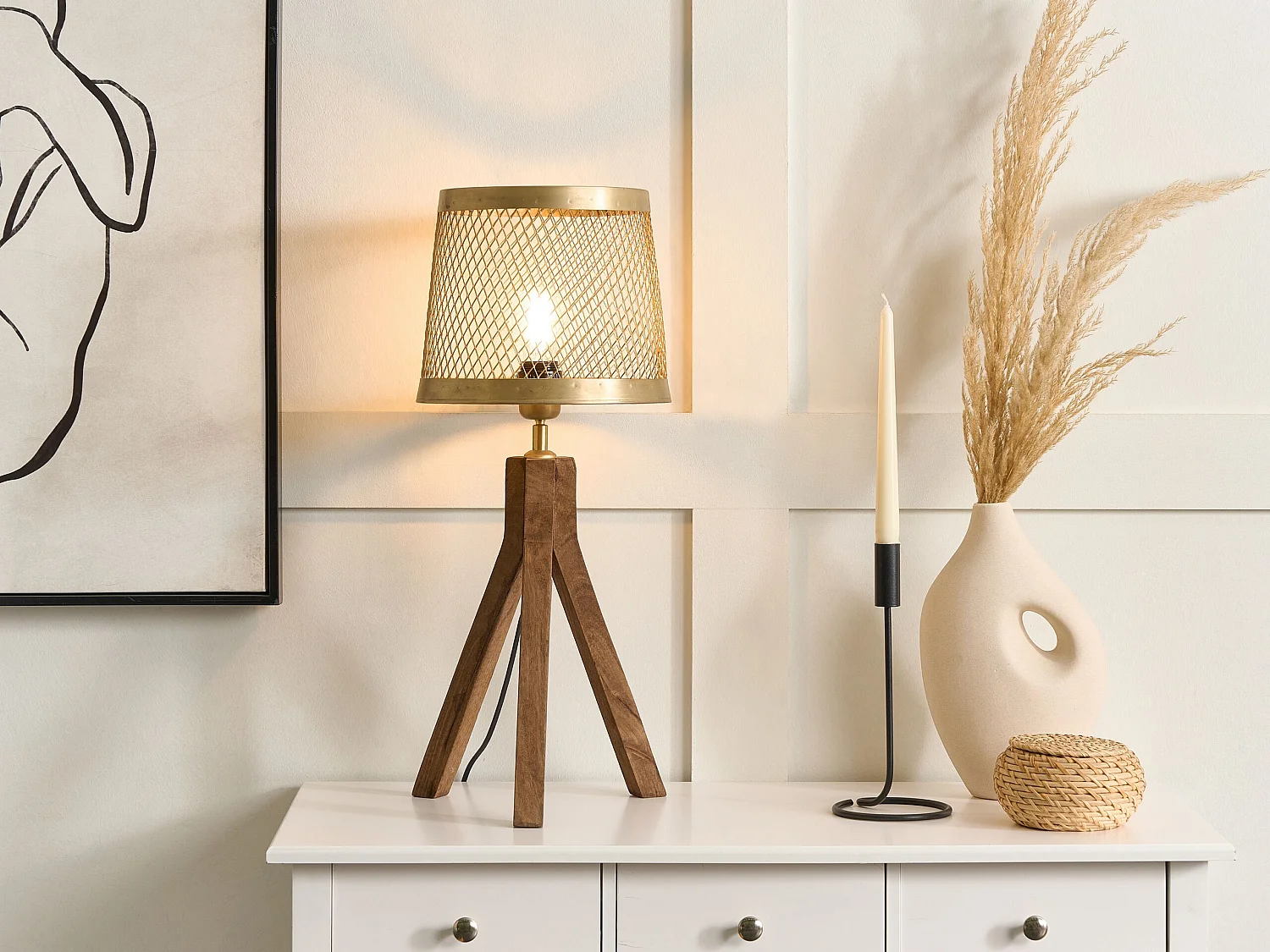 Tischlampe Mango-Holz dunkelbraun mit Schirm Trommelform Gitter-Design Beki