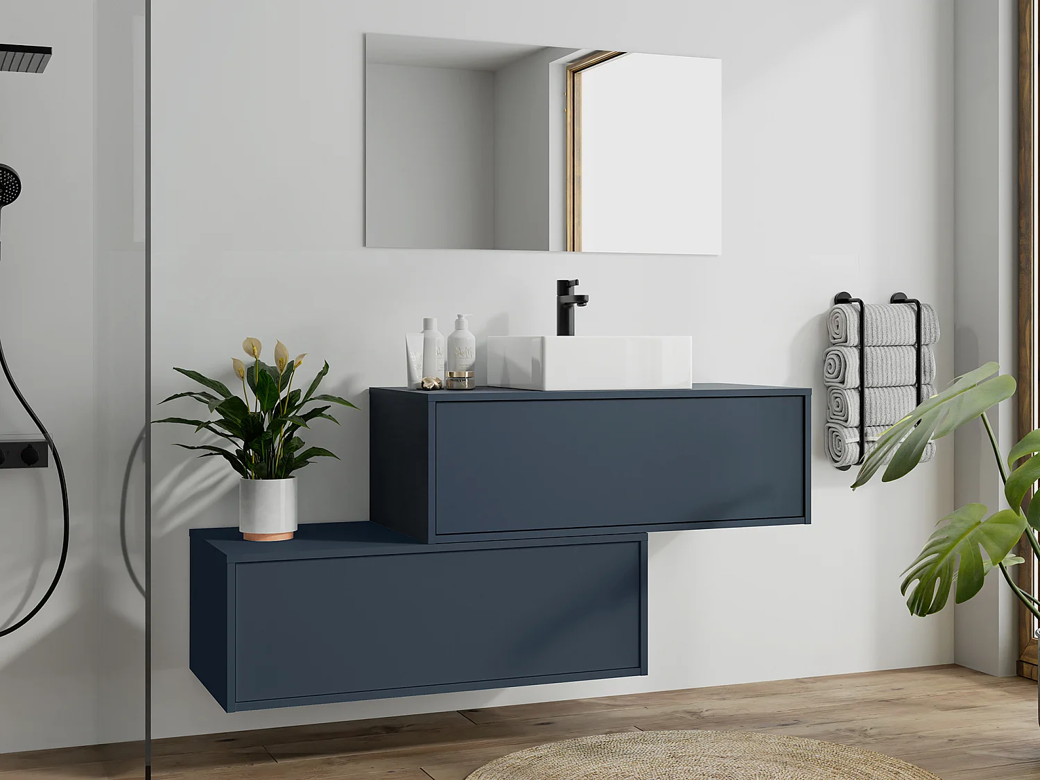 Meuble de salle de bain suspendu bleu nuit avec simple vasque carrée et deux tiroirs - 94 cm - TEANA II