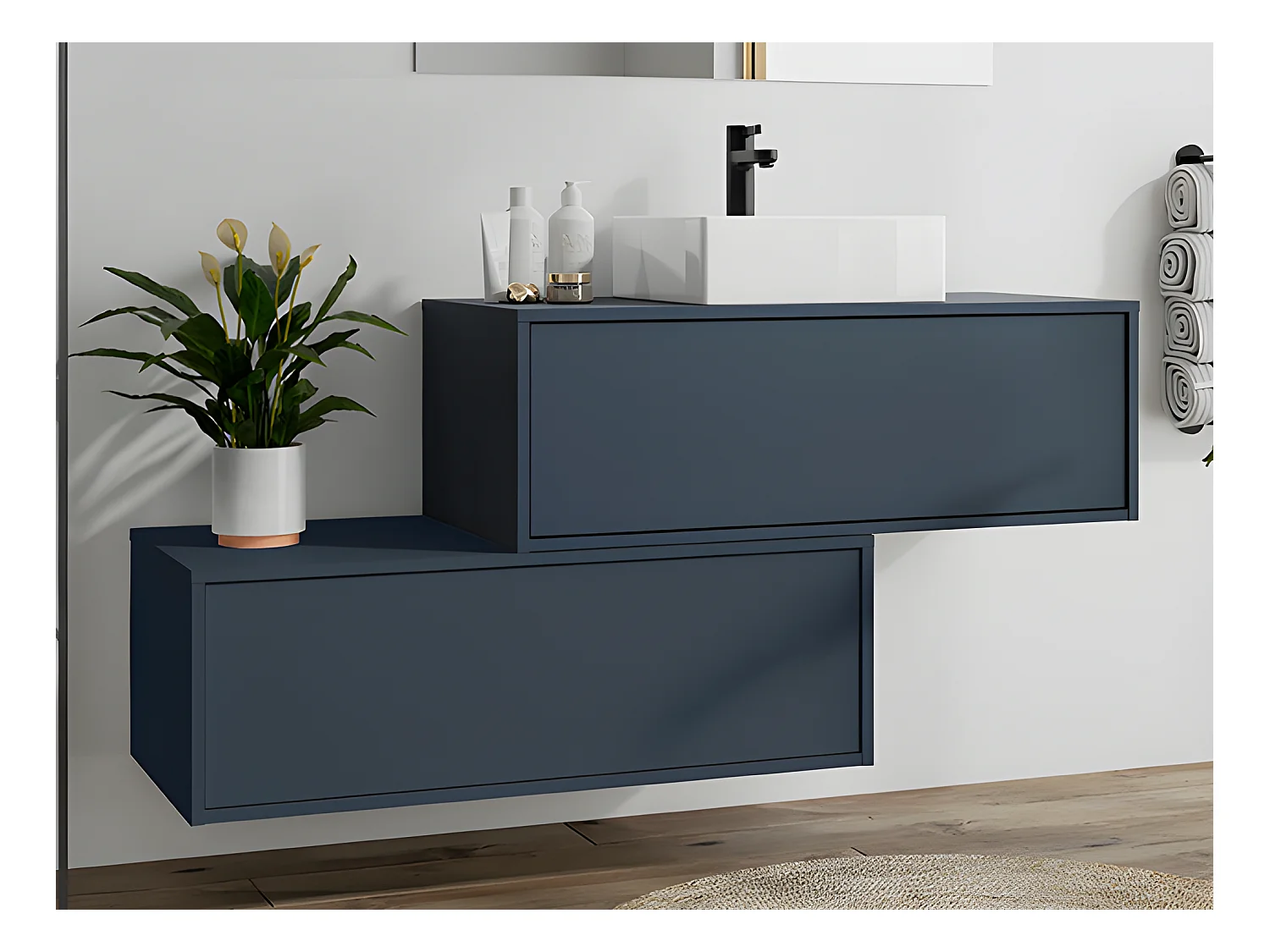 Meuble de salle de bain suspendu bleu nuit avec simple vasque carrée et deux tiroirs - 94 cm - TEANA II