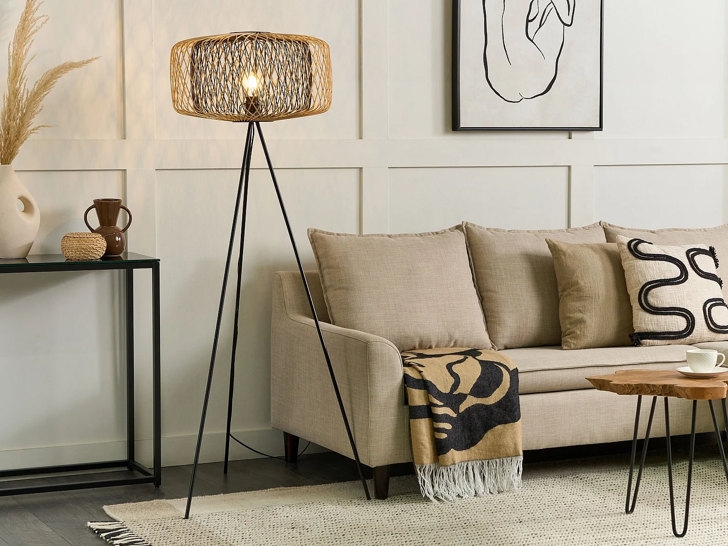 Lampadaire JAVARI Bambou Naturel Marron clair Noir