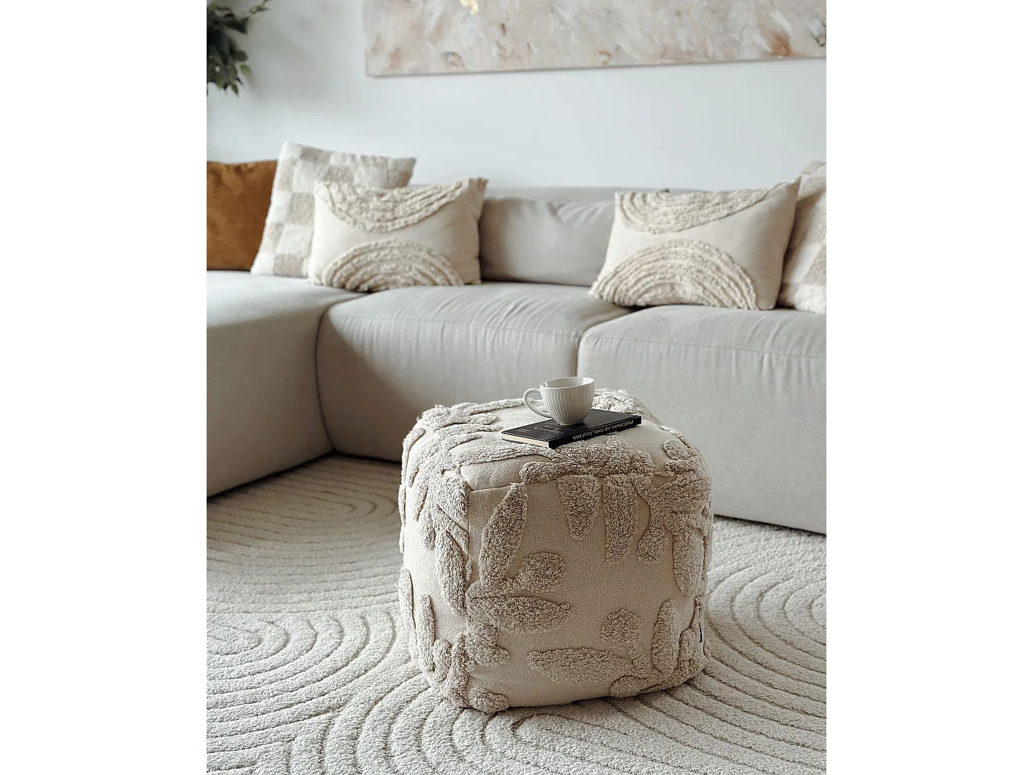 Pouf Touffeté MULTAN Coton Beige 45 cm 45 cm 45 cm