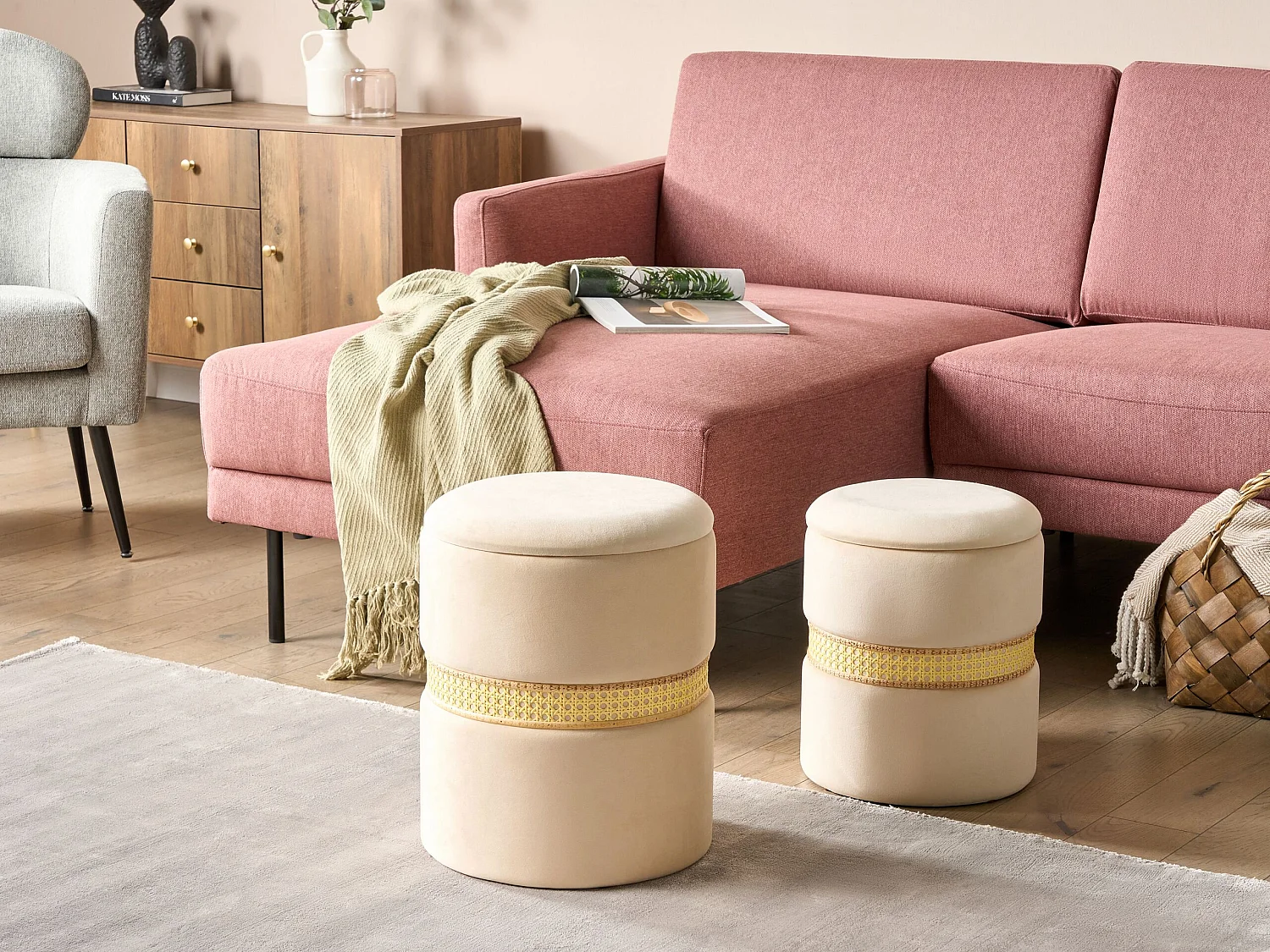 Lot de 2 poufs avec rangement MEDFORD Velours Crème 30/34 cm 30/34 cm 38/43 cm