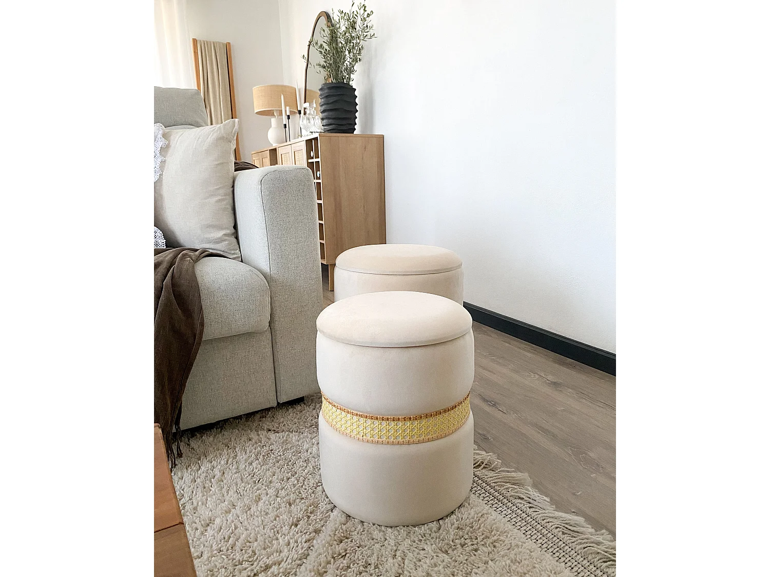 Lot de 2 poufs avec rangement MEDFORD Velours Crème 30/34 cm 30/34 cm 38/43 cm