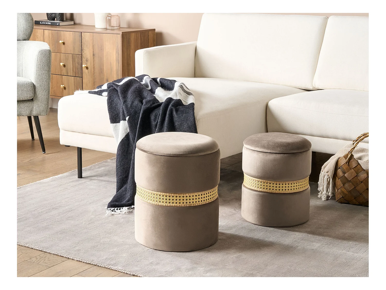 Pouf mit Stauraum 2er Set MEDFORD Samtstoff Taupe 30/34 cm 30/34 cm 38/43 cm
