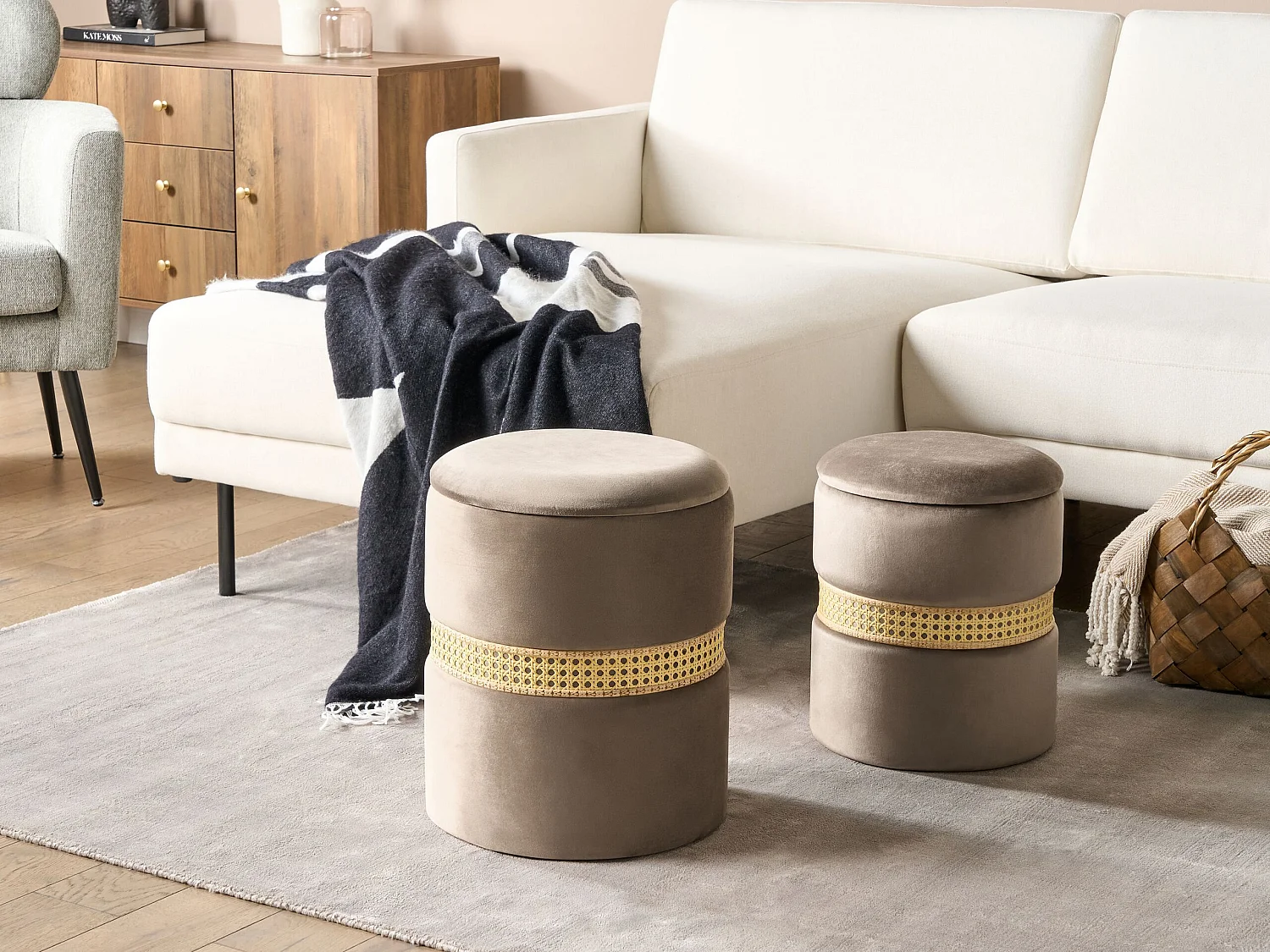 Set di 2 pouf contenitore MEDFORD Velluto Tortora 30/34 cm 30/34 cm 38/43 cm