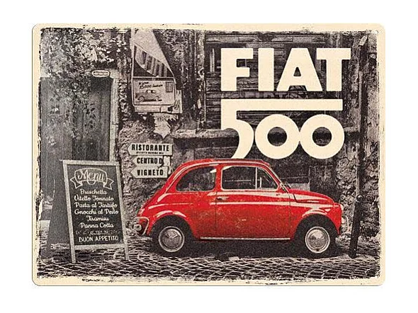 Plaque décorative en métal en relief 40 x 30 cm Fiat 500 - Red car in the street