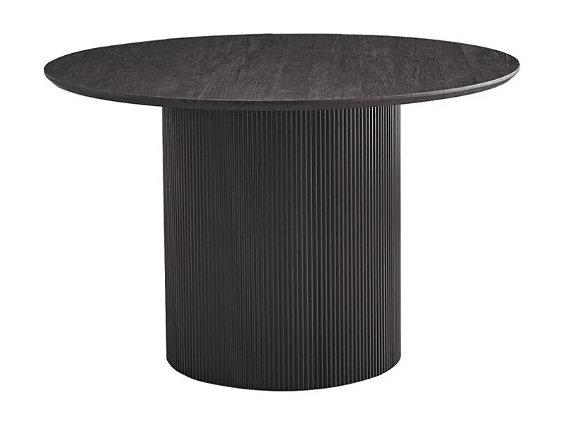 Tavolo da pranzo rotondo VAGOS effetto legno marrone scuro, ideale per una sala da pranzo accogliente.