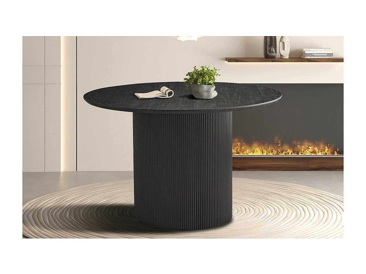 Mesa de comedor redonda VAGOS efecto madera marrón oscuro, ideal para un comedor acogedor.