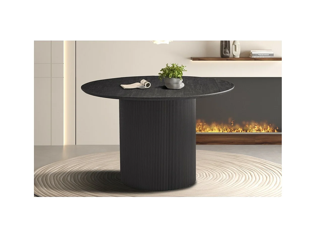 Table à manger ronde VAGOS effet bois brun foncé, idéal pour une salle à manger conviviale