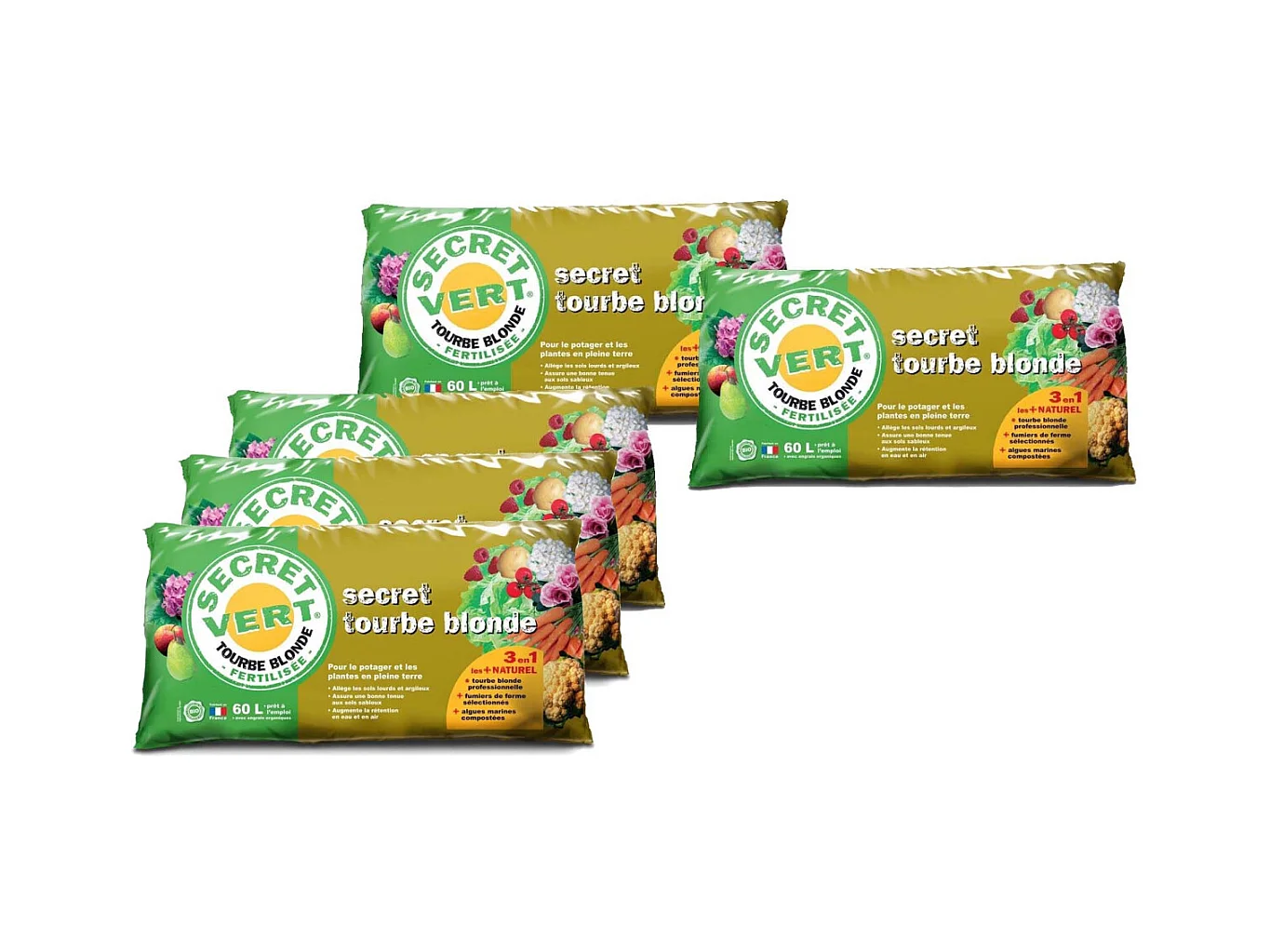 Tourbe blonde potager et plantes en pleine terre 60 litres (Lot de 5)