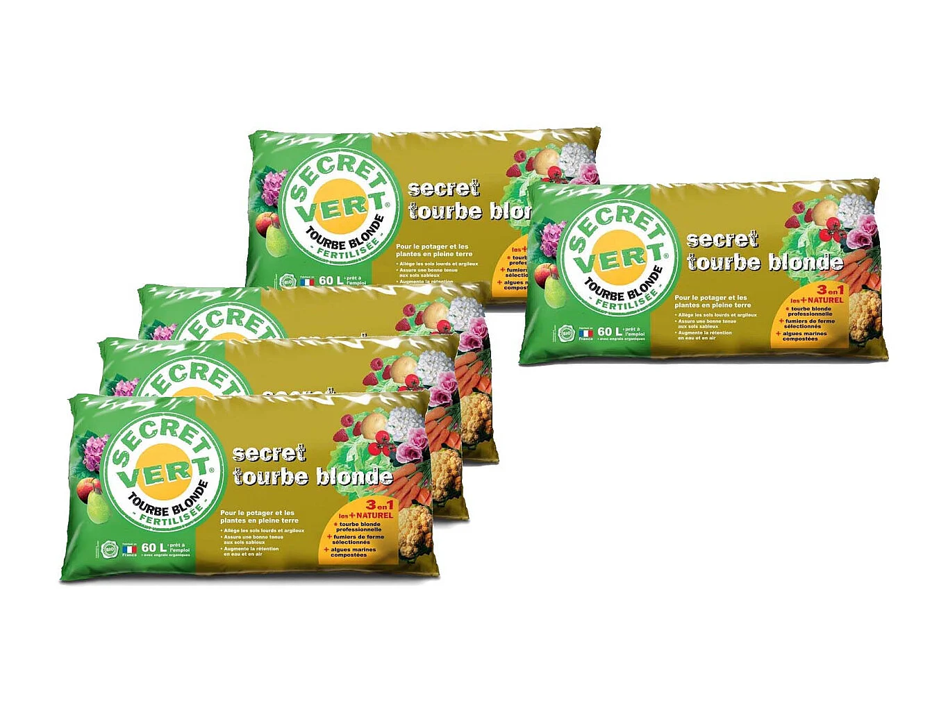 Tourbe blonde potager et plantes en pleine terre 60 litres (Lot de 5)