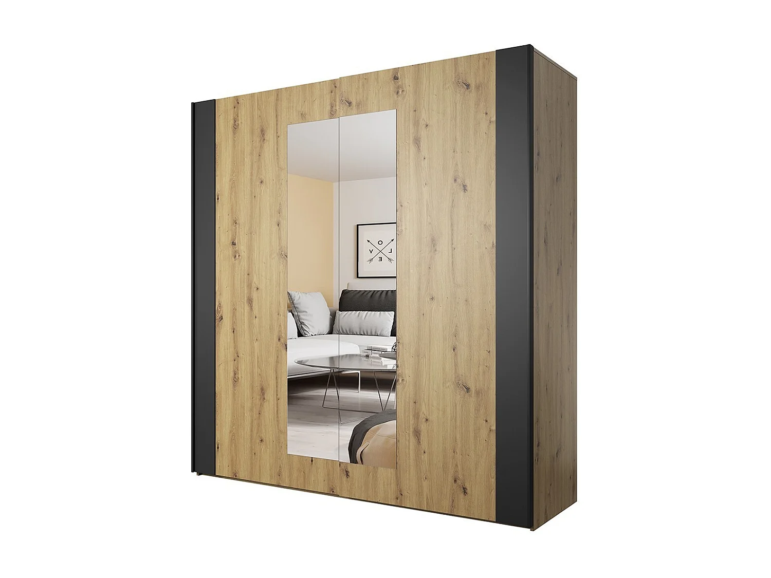 Dormitorio completo FOX: Armario de 200cm, Cama de 160x200, cómoda, mesitas de noche. Color roble claro y negro.