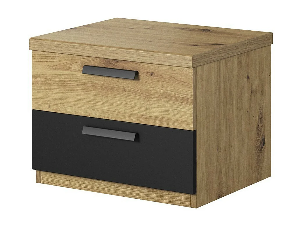 Dormitorio completo FOX: Armario de 200cm, Cama de 160x200, cómoda, mesitas de noche. Color roble claro y negro.