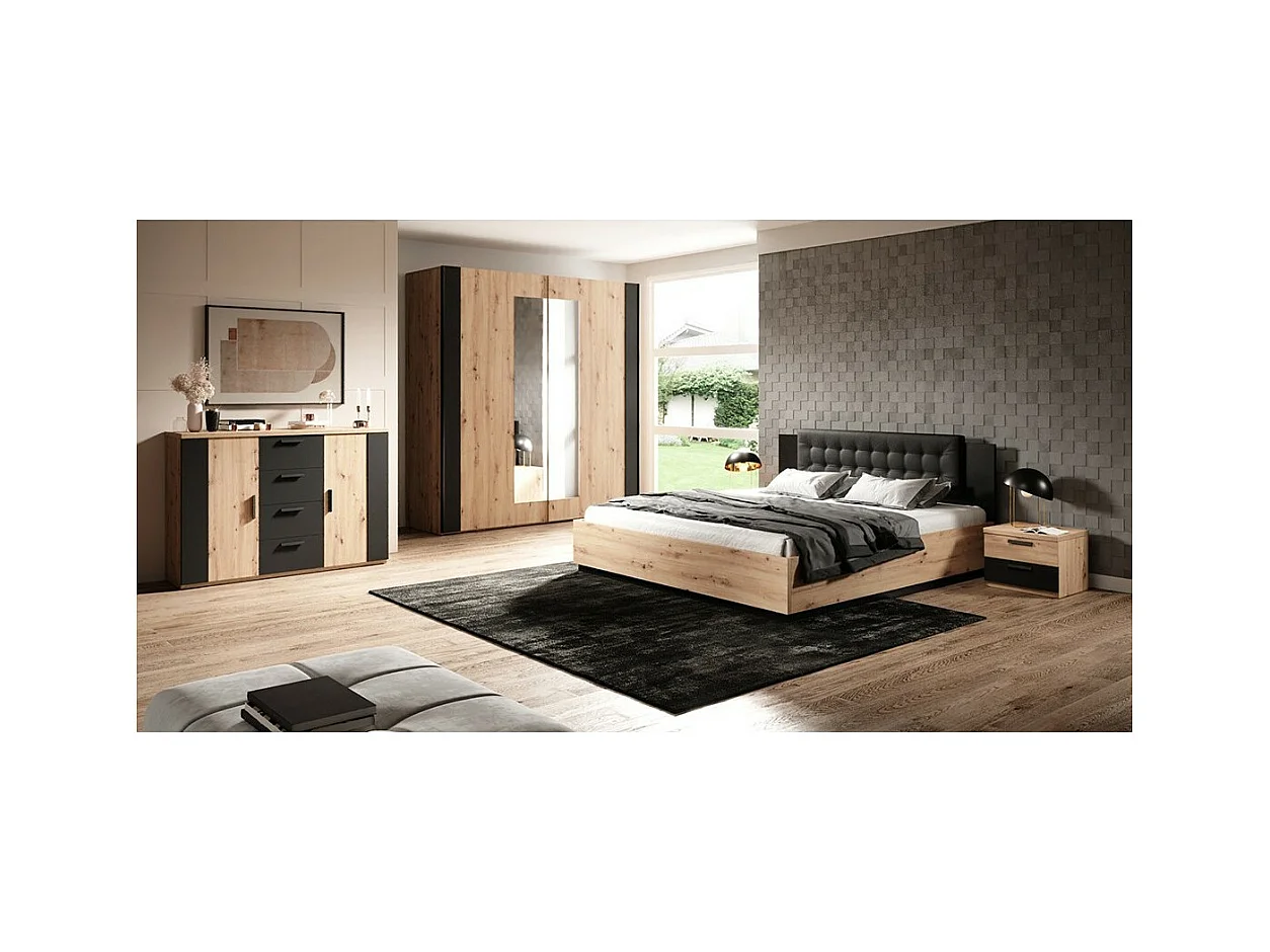 Chambre à coucher complète FOX : Armoire 200cm, Lit 160x200, commode, chevets. Couleur chêne clair et noir