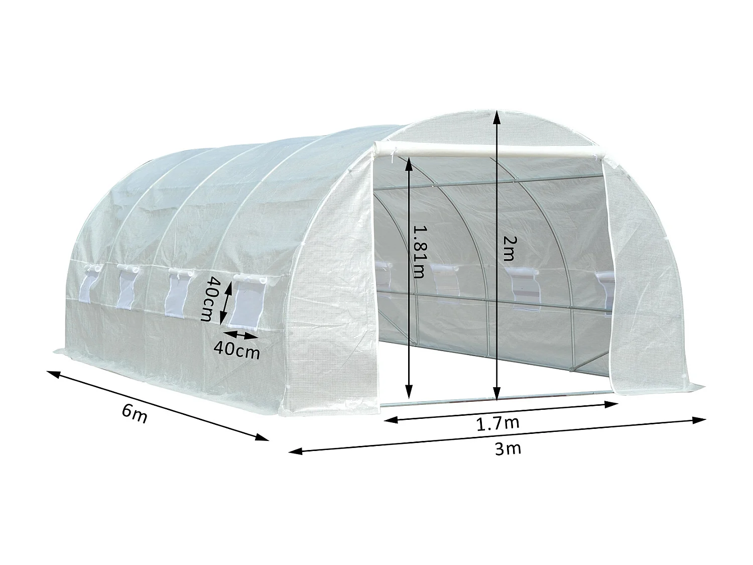 Serre de jardin tunnel surface sol 18 m² 6L x 3l x 2H m châssis tubulaire renforcé 24 mm 8 fenêtres blanc