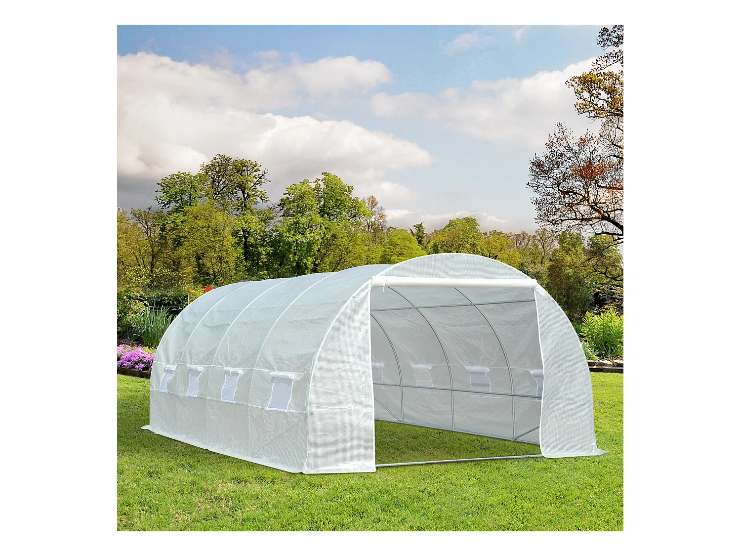 Serre de jardin tunnel surface sol 18 m² 6L x 3l x 2H m châssis tubulaire renforcé 24 mm 8 fenêtres blanc