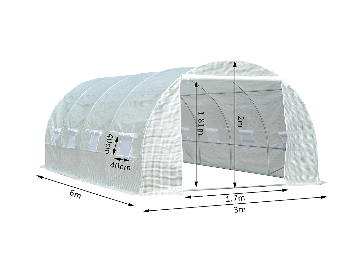 Serre de jardin tunnel surface sol 18 m² 6L x 3l x 2H m châssis tubulaire renforcé 24 mm 8 fenêtres blanc