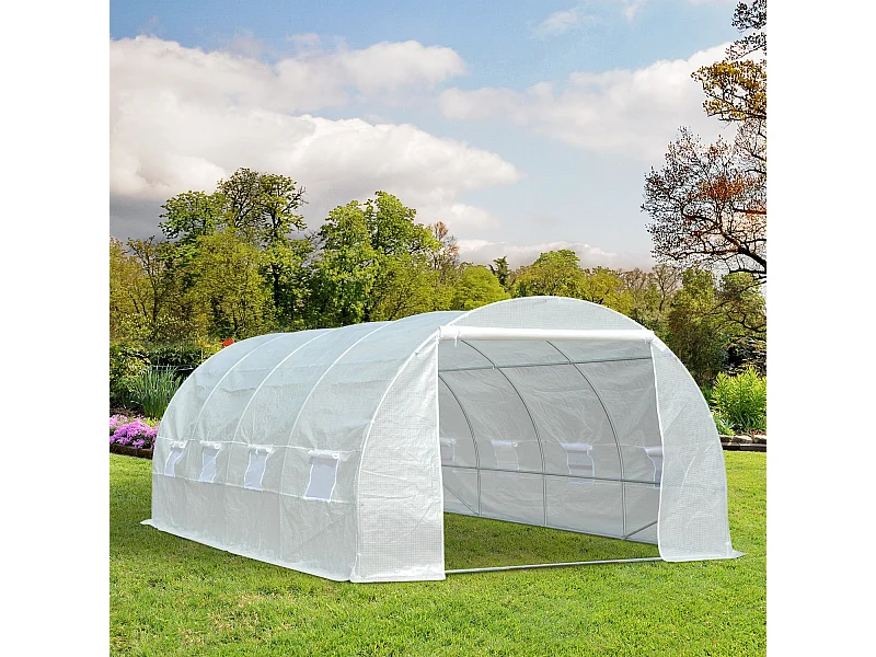Serre de jardin tunnel surface sol 18 m² 6L x 3l x 2H m châssis tubulaire renforcé 24 mm 8 fenêtres blanc